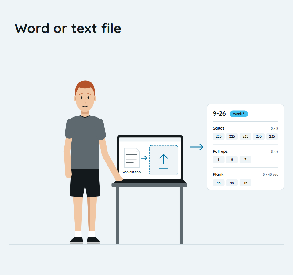 Word or text file: send a file and it becomes a typed workout.